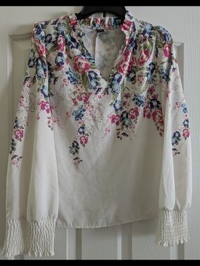 SHEIN White Floral Ruffle V-Neck Blouse with Pink & Blue Accents